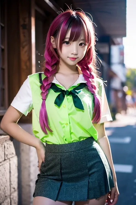 A Japanese girl,  very short skirt, school blouse with plunging neckline, small breast, petite, flat chested, lifting skirt, glowing neon hair, platted hair, green ribbon in hair