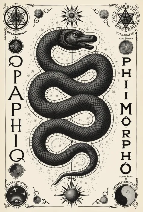 A gnostic Ophiomorphos serpent, depicted as an Ouroboros devouring its own tail, but twisted into the shape of a Möbius strip, symbolizing infinity and eternal cycles, in the style of early typographic engravings, with intricate, vintage linework, cross-ha...