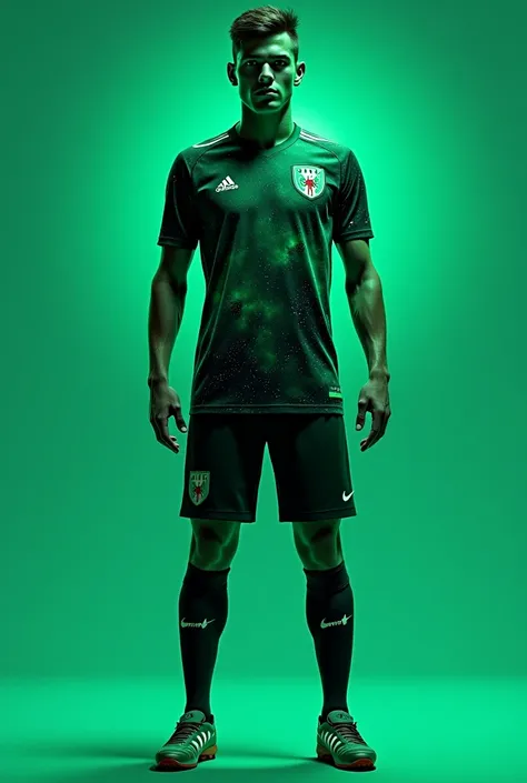 Create a modern soccer jersey , shorts and stockings,  by preferably applying the color green , What background of the t-shirt reflects a cosmos. 
