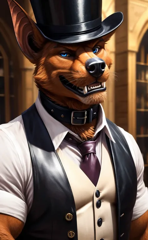 Solo, Male, close up, fat, musclegut, obese, steampunk, 1920s gentleman, dapper Bat, tilting head down, blue eyes, wearing a big leather collar around his neck, (soft shading), 4k, hi res, ((detailed face, detailed)), looking at viewer, evil grin, collared...