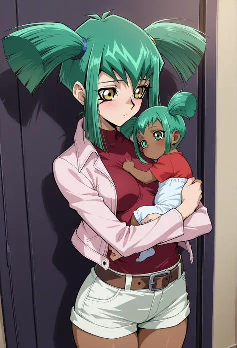 high resolution picture, masterpiece, best quality, amazing quality, official art, solo, 1girl,  Luna / Ruka from Yugioh 5Ds, Yu-Gi-Oh! 5D's, 1girl,  luna5d, 1girl, solo, shorts, white shorts, belt, twintails, green hair, jacket, green eyes, open clothes, ...