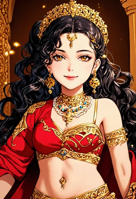 masterpiece, best quality, 1girl, solo, leila, wavy hair, midriff, navel, single shoulder pad, necklace, earrings, jewelry, smile