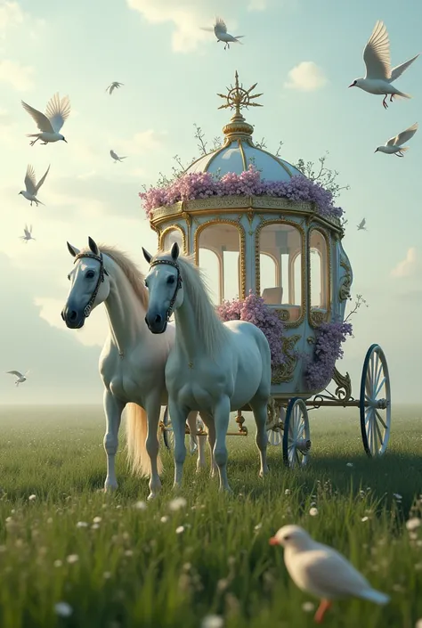 Marbled white and lilac, decorated with flowers and live birds , an amazingly beautiful baroque wedding carriage , drawn by a pair of snow-white horses, she soars and flies high above the emerald grass against the background of green meadows,  In the haze ...