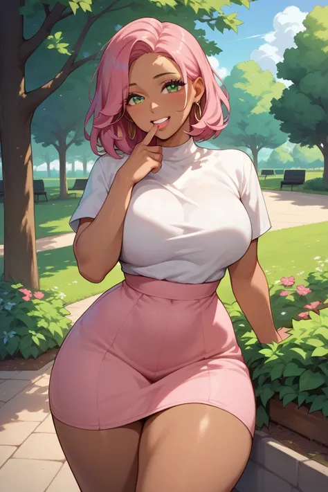 (((  Beautiful girl)))  smiling, shy, Strong character ,   pink hair, dress fitted at the waist,  big breasts,   big thighs,  good quality , Annoying,  , Park,  finger in the mouth ,  brown skin,   green eyes, 