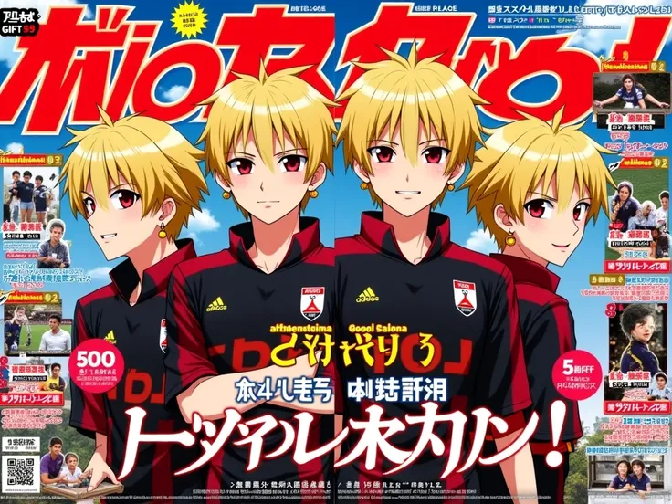 je veux une cover magazine anniversaire d'anime inazuma victory road 
qui met en vedette 4 garçon adulte beaux
gosse cheveux jaune mi-long form dragons 
yeux ecarlate stylé artificiel avec boucle d'oreille or  qui ont le même maillot noir et rouge de l'equ...