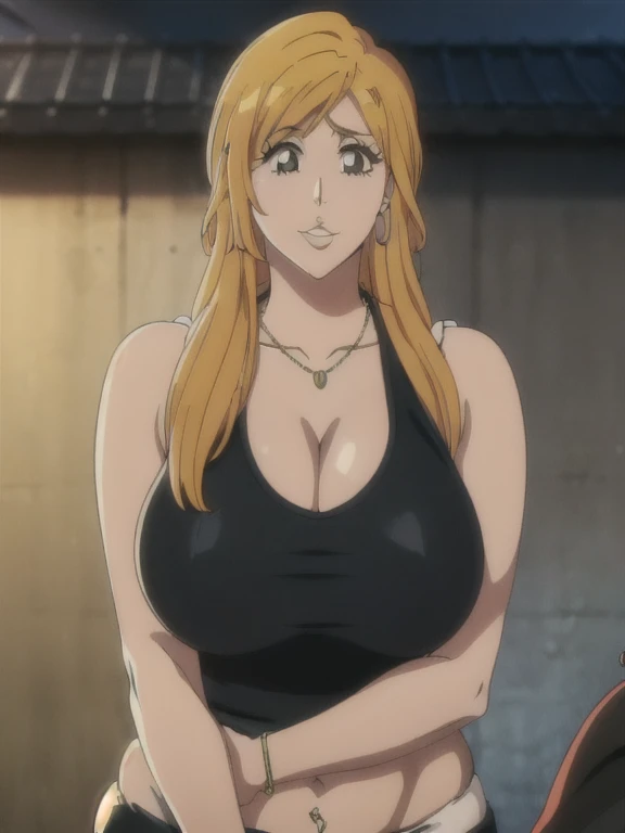 Orihime Inoue,Bleach artstyle,brown eyes,Big breast,((Enchanted big breast)),((((black tank top)))),Cleavage,Curvy figure,Hoopa bracelet,Long nail,Side burn visible,look at viewer,(((bright yellow blond color hair))),((head facing front)),High quality,High...