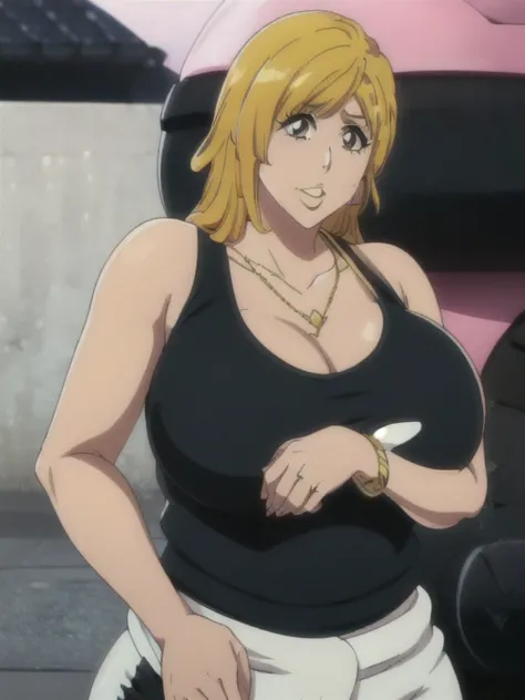 Orihime Inoue,Bleach artstyle,brown eyes,Big breast,((Enchanted big breast)),((((black tank top)))),Cleavage,Curvy figure,Hoopa bracelet,Long nail,Side burn visible,look at viewer,(((bright yellow blond color hair))),((head facing front)),High quality,High...