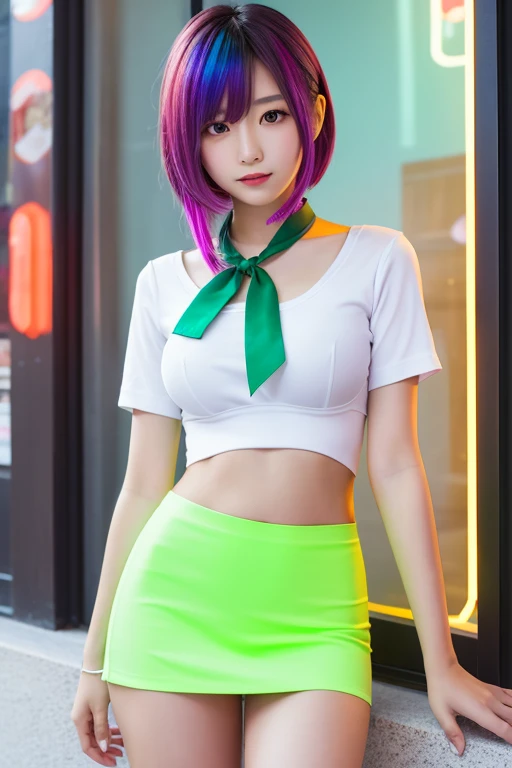 A Japanese woman,  very short skirt, school blouse with plunging neckline, small breast, petite, flat chested, lifting skirt to show underwear, glowing neon hair, platted hair, green ribbon in hair