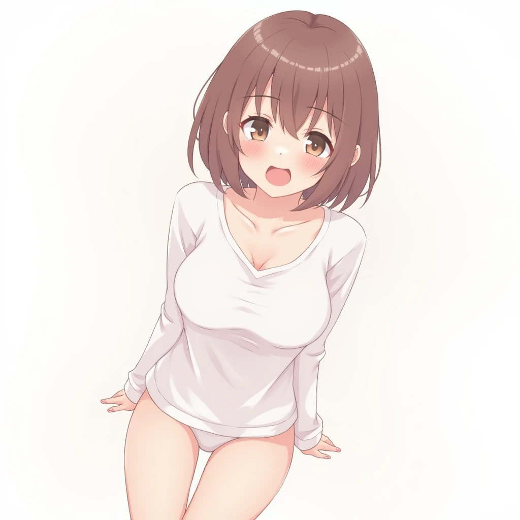  high resolution sweatshirt,  masterpiece, The best quality ,  animated, 1 woman,  brown hair,  short hair, large breasts, blush, Tears, drooling, ahegao,  Simple background , Bikini Feet out of frame,  from above,  lines of motion , 