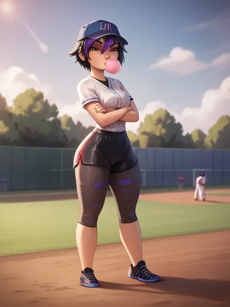 score_9, score_8_up, score_7_up, BREAK, gogotomago, 1girl, solo, short hair, black hair, brown eyes, wide hips, baseball outfit, blue baseball cap, blue baseball shirt, short sleeved, white baseball pants, black baseball shoes, lo purple hair, makeup, medi...