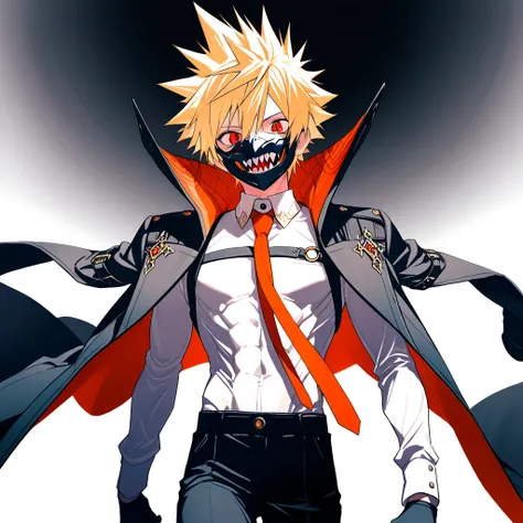 BEST QUALITY, ULTRA DETAILED, PERFECT ANATOMY, HIGH DEFINITION, INTRICATE DETAILS, ALONE, 1 boy, 20 years old, blond hair, toned, spiky hair, red eyes, slit pupil, white dress shirt, red tie, black pants, long black overcoat that covers the entire body, hi...