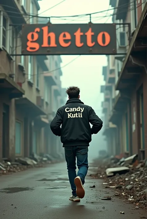 A young man with a black jacket a name candy kutii printed on his jacket running across a old scerriest town under a sign board a word ghetto written on top of it 