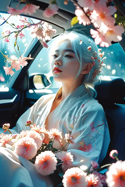 breathtaking Ethereal fantasy concept art of cinematic film still,Chinese Girl,A girl with white hair sitting in car filled withflowers,Artwork by Rinko Kawauchi,In a naturalistic pose,Holiday Dad Core,young and energetic,very cool expression,Body extensio...