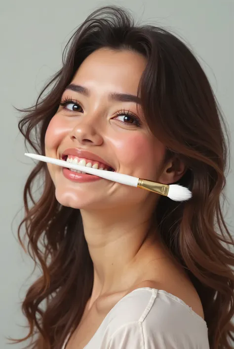 Generate a 3/4 profile of a woman’s face smiling while proudly displaying a white paintbrush glued between her teeth 