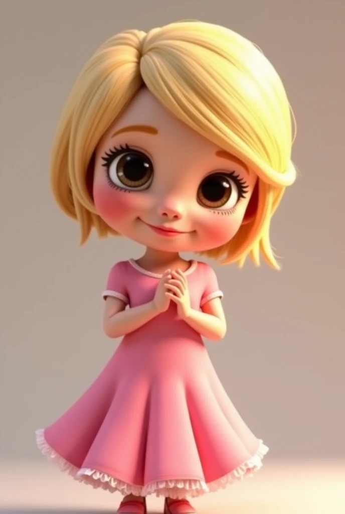 

Hello I want to create a Pixar-style avatar with the following qualities : Small in stature

Short blonde hair

Light brown eyes

Long lashes

Delgada

With long nails 



With a delicate pink coquet style dress
Female sex 