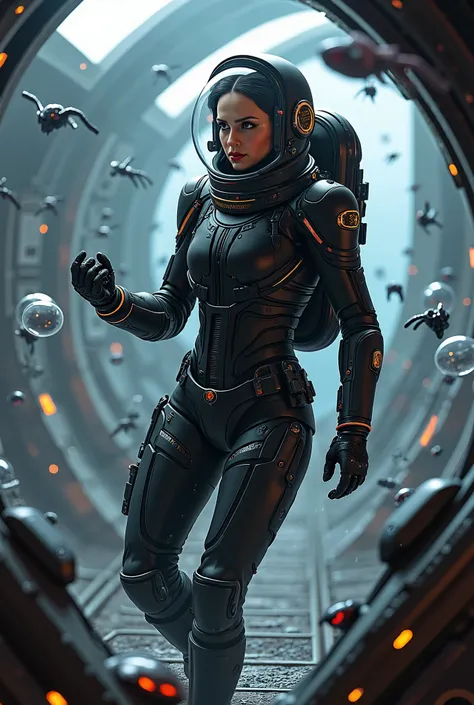 4k details, beuty astronaut  in black spacesuit on spaceship and she fights  with aliens, hands in glowes, battle with aliens on background, Alien movie style