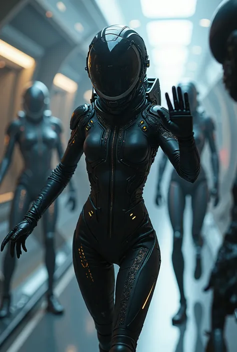 4k details, sexy and beuty astronaut  in black spacesuit on spaceship and she fights  with aliens, hands in glowes, battle with aliens on background, Alien movie style, unreal, sci-fi 