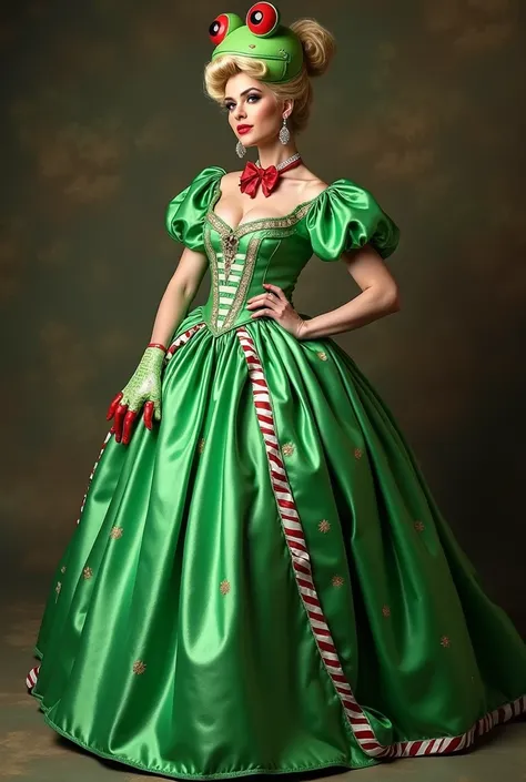  design a drag costume inspired by a green frog ,  that the costume has white and red stripes and lots of green, that includes gloves in the shape of a frog's foot, that is a very marie-Antoinette dress and that is very pompous, with many accessories and t...