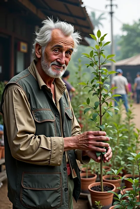 An elderly man wearing a Lebanese-style keffiyeh selling tree seedlings places a tree in his hand, holding a one and a half meter tall tree, and offers it to a customer.