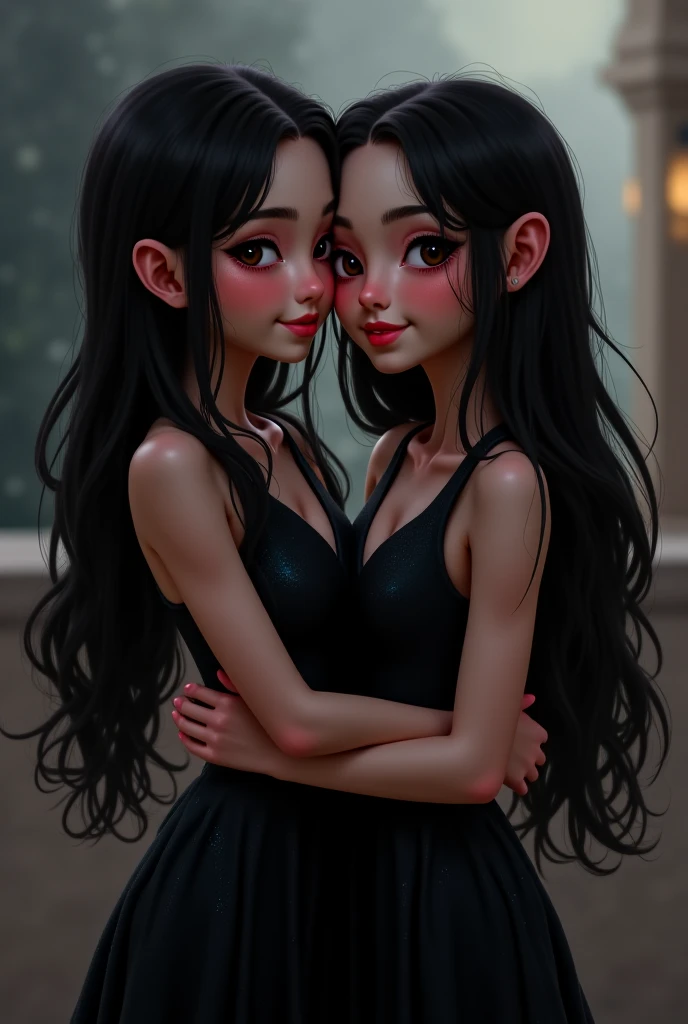 Make me a photo of:
A **cute alien girl**, resembling me, with **wavy black hair that frames her face beautifully**, **fair skin**, and **expressive dark eyes** that hold warmth and curiosity. Her smooth complexion glows slightly, giving her an ethereal, o...