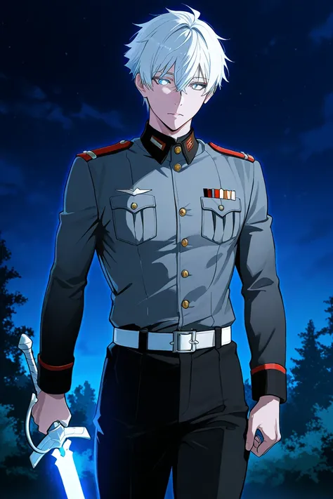 BEST QUALITY, ULTRA DETAILED, PERFECT ANATOMY, HIGH DEFINITION, INQUIRIED DETAILS, ALONE, 1 boy, short white hair, light cyan eyes, toned. Military uniform: gray shirt with white buttons, long sleeves, loose black pants, white belt. He is holding a silver ...