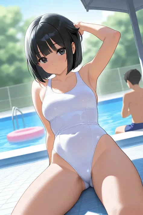 a high school girl, busty, black hair, bob cut,  summer, white small swimsuit, pool