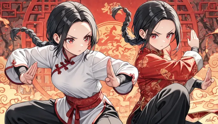 forehead, black hair, braided ponytail, red eyes, white shirt, nlack pants, chinese clothes, fighting stance, masterpiece, best quality, amazing quality, detailed background, intricate details