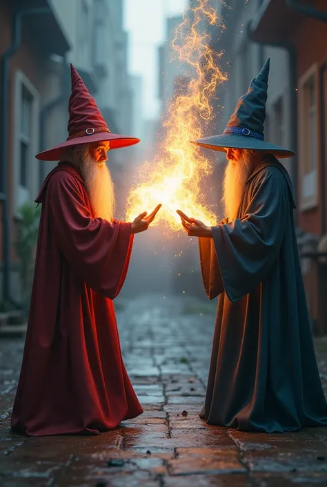  Two wizards challenging but they are cell phones one is iPhone and the other Samsung Galaxy and the wizards dressed in civilian clothes, The wizards hold the cell phone and the cell phones come out rays in an attack position .