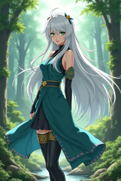 Naruto style character, woman long white hair green and blue eyes, Create the full body image