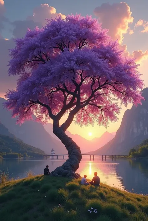 I love Images  ( AI that creates Images )

You said:
 Create an image of a tree ,  it looks like the tree of life and a tree Of a cherry tree but it is purple ,  there is green grass underneath ,  the sunset reflects on the river water that exists near the...