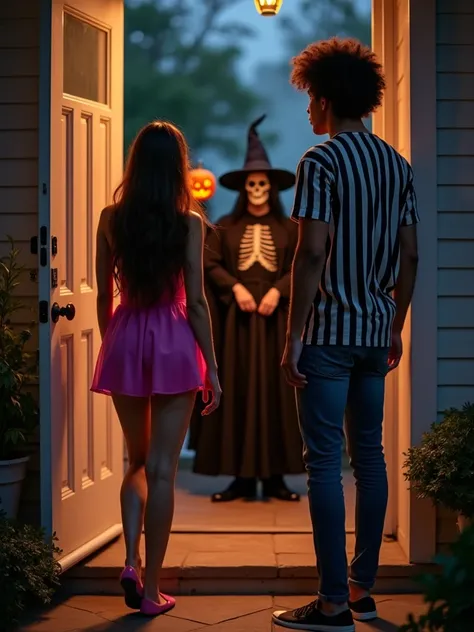 It's night , Woman with long brown hair in short fuchsia dress and tall man with black curly hair and black and white vertical striped t-shirt are in the house in English style looking out the door and ren arrive dressed as witches, Halloween themed skelet...