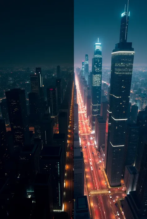  Side by side comparison : a completely dark city at night ,  without lights , And another illuminated city ,  with shiny buildings and moving cars,  realistic style , dramatic contrast.