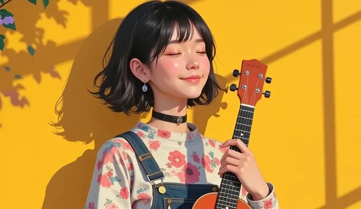 A expression full portrait of young Singer woman, with a light complexion and short.  She likely late teens to early twenties, dark brown long hair., She playing a ukulele. Soft, natural light illuminates her smiling face. Asian-Japanese ethnicity.  She we...