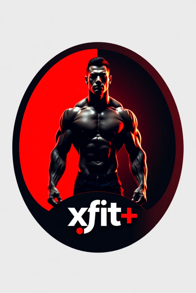 3D logo template for a bodybuilding gym under the name Xfit+. The logo has the text "Xfit+Red and black selver A bodybuilder stands out from it and the logo is circular.

