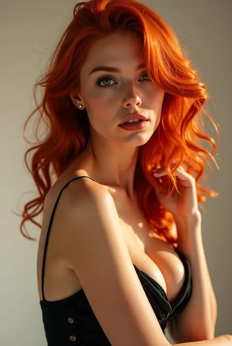 An ultra realistic red-haired woman sexualizing in a photo shoot in a Studio 