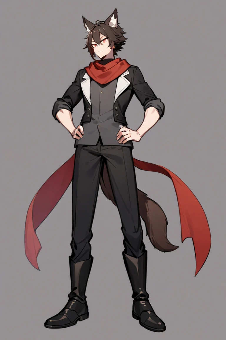 A boy, dark brown hair, dark gray shirt, a black and white jacket, black pants, black boots, a red scarf, reddish gold eyes, and dark brown fox ears and tail, hands on his hips