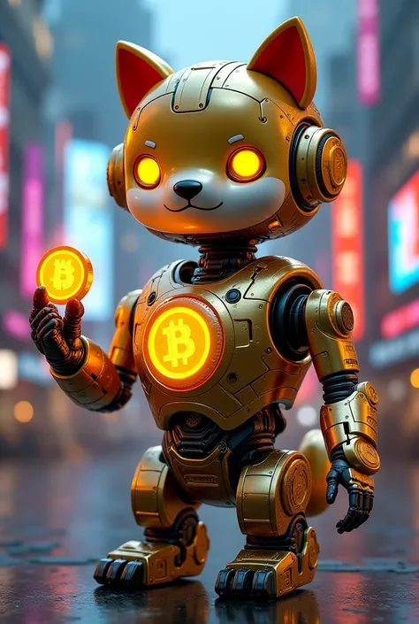  A futuristic humanoid robot with the appearance of a Shiba Inu ,  inspired by the Dogecoin mascot .  His body consists of gold and silver metal plates with Dogecoin logos .  He has glowing yellow LED eyes and holographic cryptocurrency data streams , floa...