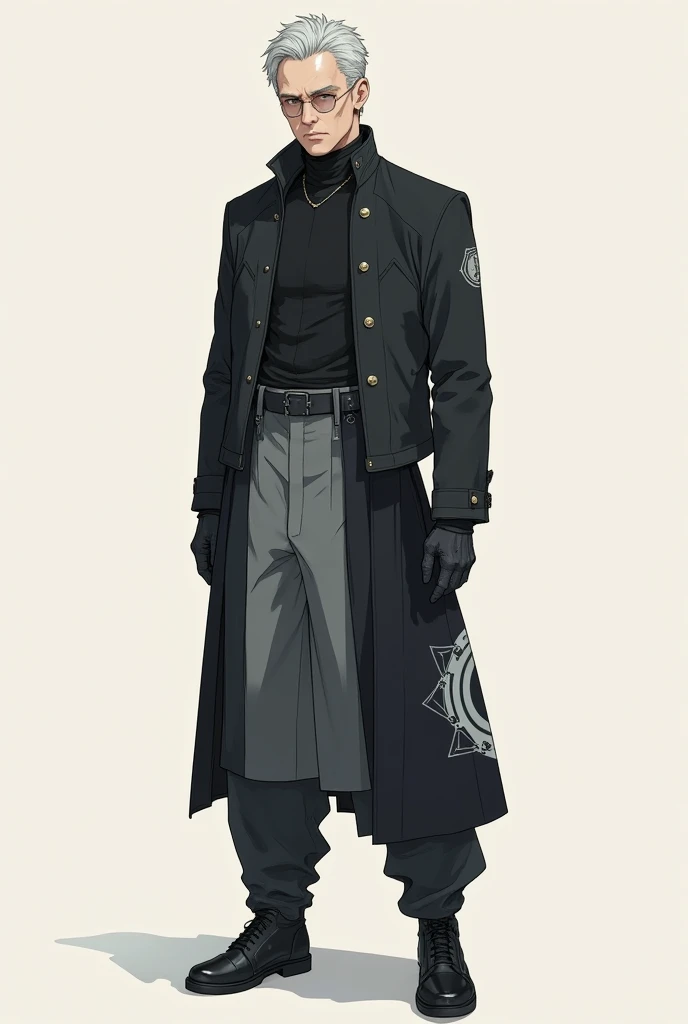 (masterpiece,top quality:1.2),a thin man\(60 years old man,silver gray hair,short hair,classic,handsome gentle man),monotone clothes\(futuristic cyberpunk outfit, deep black short jacket with metallic gold buttons, black shirts,gray and black asymmetrical ...