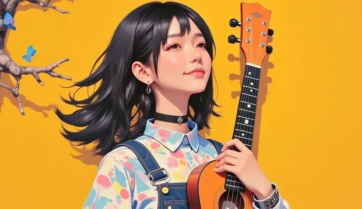 A expression full portrait of young Singer woman, with a light complexion and short.  She likely late s to early twenties, dark brown long hair., She playing a ukulele. Soft, natural light illuminates her smiling face. Asian-Japanese ethnicity.  She wears ...