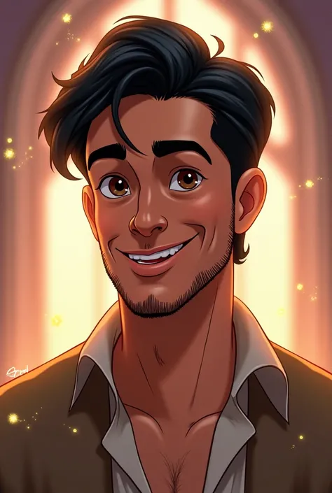 Can you generate a Disney-style image of a handsome man for me,  average height,  brown eyes, black hair and a little beard  