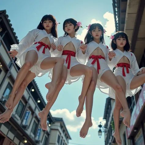 Exposed Open Gigantic Cleavage, CoveredNipple without Bra, Transform into 8K UltraDetailed Live-Action, Photorealistic, ExtremelyDetailed Professional Photography of KAWAII FUNDOSHI Girls at HAKATA GION YAMAKASA, FullBody from below, MagicHour Miracle, Eth...