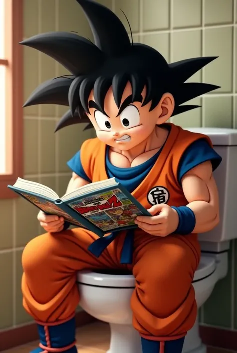 Goku sitting in the toilet reading a comic