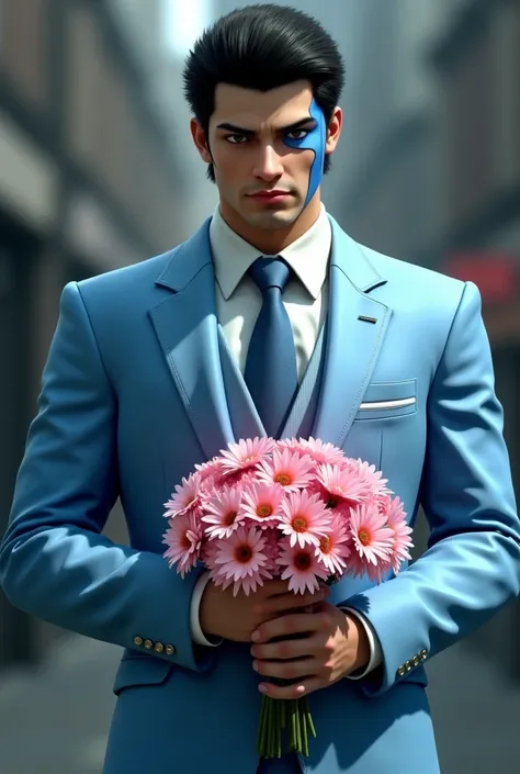 The Majima man from the Yakuza game in a light blue suit, light blue patch on the left eye and a bouquet of pink flowers on the hands