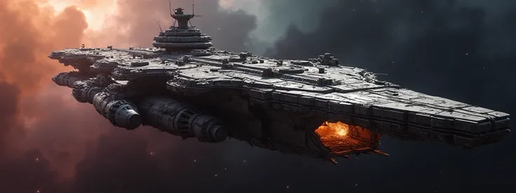 aircraft carrier inspired space battleship, dreadnought, exterior shot, nebula in background, no watermark, battered exterior, battle scarred hull, reentry burned ventral hull, flat ship, no extended pylons, no wings, no visible weapons