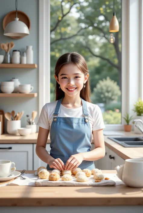  masterpiece, absurd, high resolution, high quality, depth of field,Bright and clean Scandinavian style kitchen, light blue and white color scheme, girl making sweets at the kitchen counter, smiling in an apron, ceramic tableware neatly arranged on shelves...