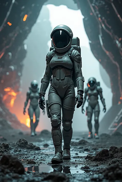 4k details, beuty astronaut  in gray spacesuit on spaceship and she fights versus aliens, hands in glowes, in centre of the battle with predators on background, the Predator movie style