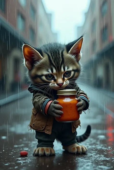 Create a kitten with torn clothes on the street raining and very sad all wet holding a jar of food