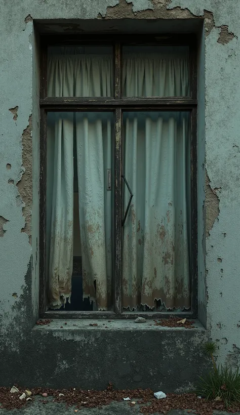 An abandoned commercial house window covered with dirty and torn curtains ( better quality,4k,8K,highres, masterpiece:1.2),ultra-detallada,(realistic,photorealistic,photo-realistic:1.37),HDR-1 terror