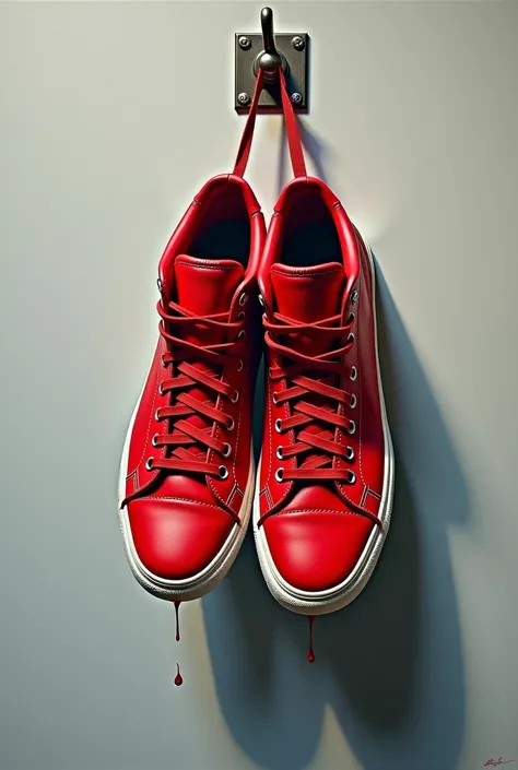 painting of a pair of red sneakers hanging from a hook, a photorealistic painting by Mario Comensoli, dribble, hyperrealism, red shoes, hyperrealism style, nestor canavarro hyperrealist, in style of photorealism artist, hyperrealism!!!, oil painting!!!, no...