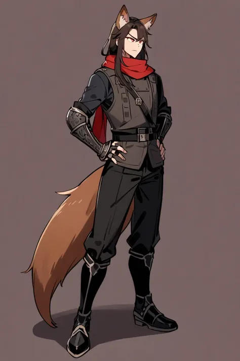 A boy, long hair, dark brown hair, a dark gray shirt, a dark grey military vest, arm guards, black pants, black boots, a red scarf, reddish gold eyes, and dark brown fox ears and tail, hands on his hips